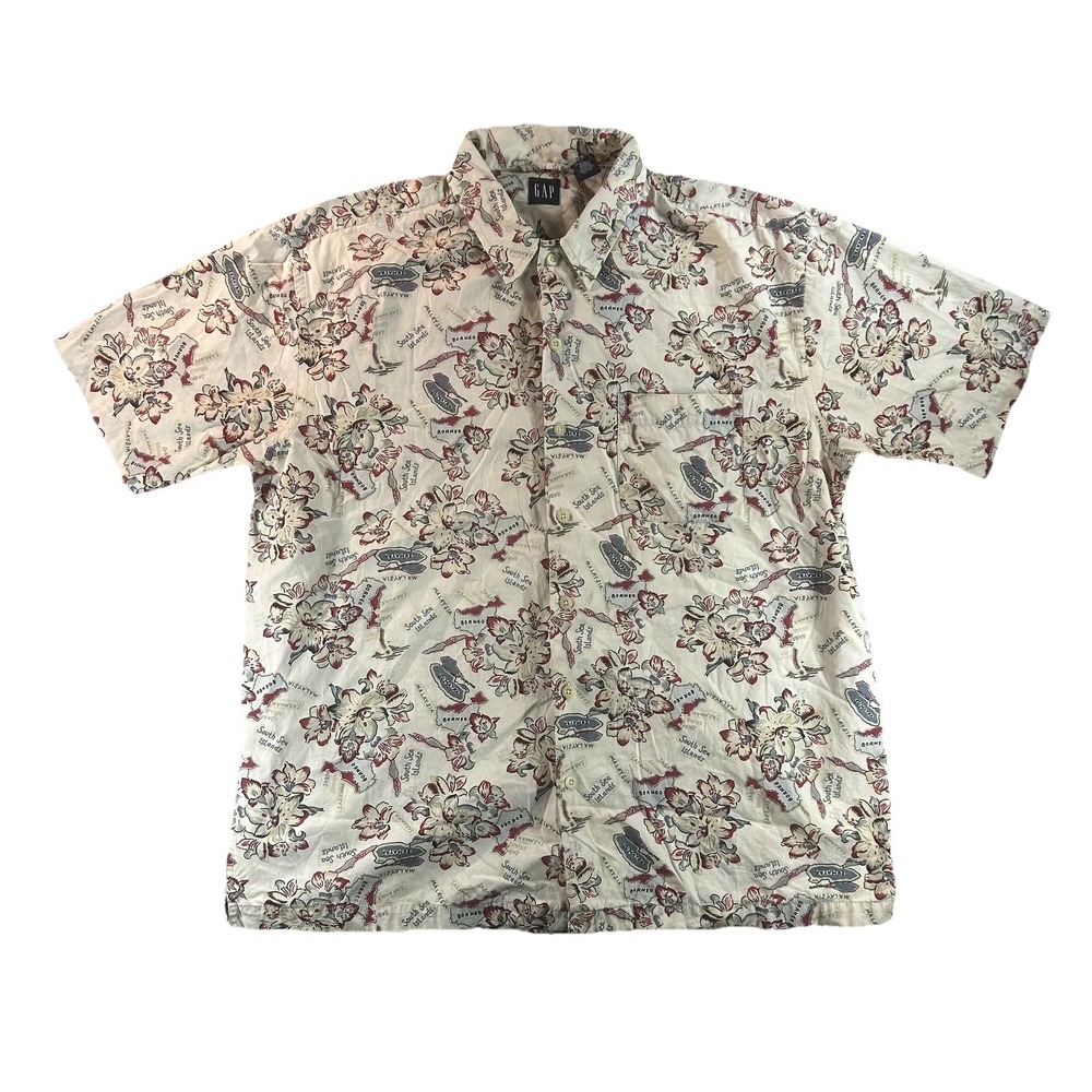Gap Hawaiian Shirt Mens Large Cream Floral Map South Sea Islands Aloha Cotton